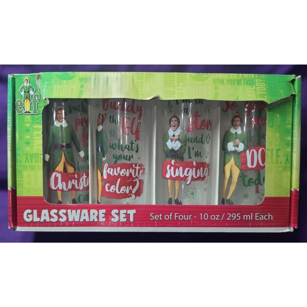 ELF Glassware Set Will Ferrell CHRISTMAS Movie ELF 10 oz Glasses Set of 4 NIOB